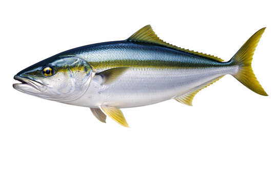 Yellowtail kingfish swimming with blue and silver scales on black png isolated transparent