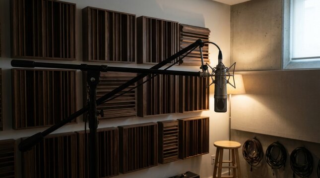 Professional recording studio with acoustic wood diffusers and hanging microphone showcasing sound treatment for optimal audio