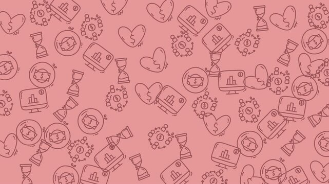 This pink pattern features icons of money time hearts and business charts.