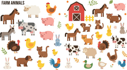 Fototapeta premium Farm Animals and Barn Illustration Set with Cow, Pig, Horse, Chicken, Sheep, Ducks, and Rural Elements for Agriculture, Livestock, and Countryside Design