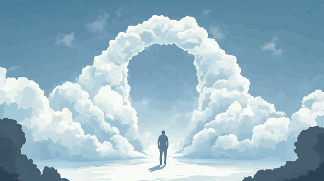 Person standing on path under large clouds forming an archway in sky