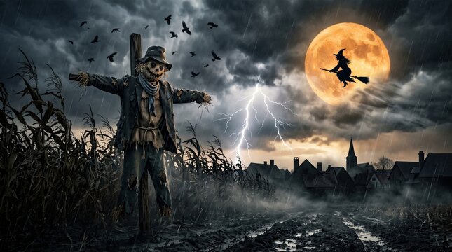 Spooky halloween night scene with a creepy scarecrow in a cornfield under a giant full moon a witch flying across the sky stormy clouds lightning strike and a haunted village silhouette