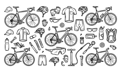 Hand drawn cycling sports doodle icon set with bicycle helmet jersey and outdoor equipment vector illustration © MdSakib