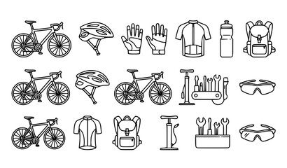 Minimal cycling equipment icon collection with road bike helmet jersey and outdoor sports outline vector set © MdSakib