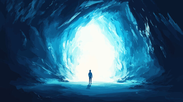 Person standing inside a luminous blue ice cave with reflections