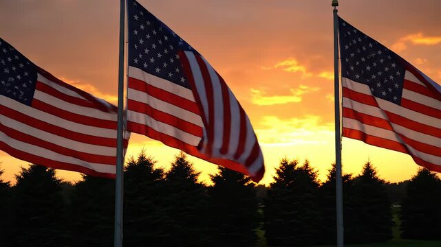 American flags waving at sunset for cinematic landscapes and wilderness exploration