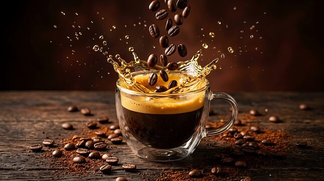 Cipratan kopi panas saat biji panggang jatuh ke dalam cangkir melambangkan dinamika kehidupan modern dan kebangkitan ide kreatif segar.