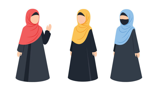 Three Muslim women wearing traditional hijabs and abayas, standing together with diverse colors.