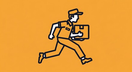 Fototapeta premium An illustration depicting a delivery person in uniform running while carrying a package on a solid orange background