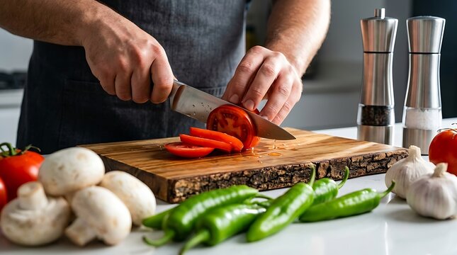 Tangan koki cekatan mengiris tomat matang menggunakan pisau tajam melambangkan proses memasak higienis dan persiapan makanan yang penuh cinta.
