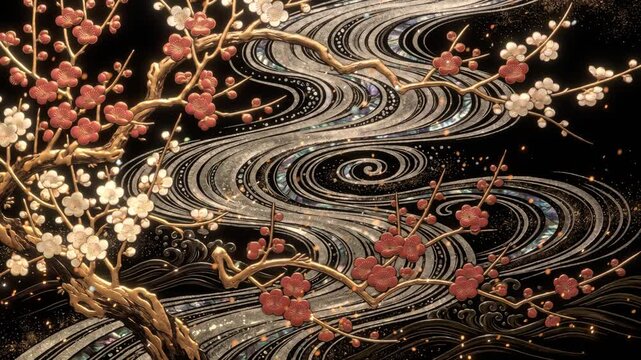 白銀の流水文様と梅が舞う和風蒔絵風アニメーション背景
