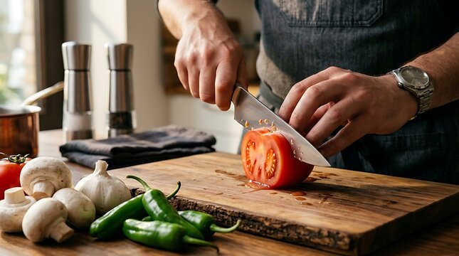 Seorang koki profesional memotong tomat merah segar di talenan kayu melambangkan keahlian kuliner tingkat tinggi dan dedikasi pada kualitas.