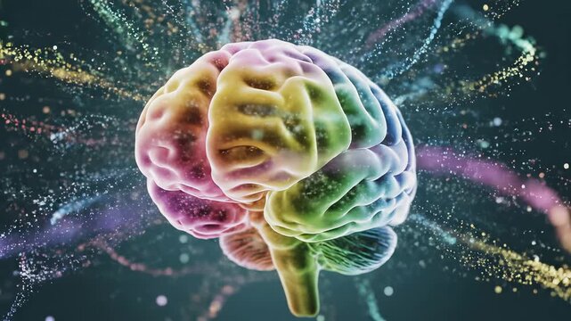 Colorful brain with glowing particles highlighting health, vitality, and medical science