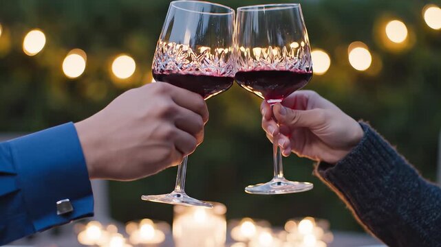 Two hands clinking wine glasses outdoors ideal for sleek commercial backgrounds and title sequences
