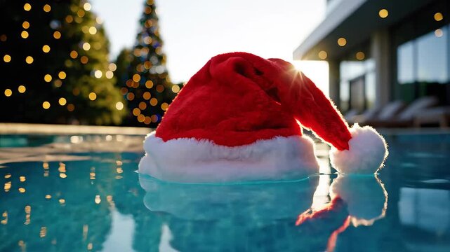 Santa hat floating in pool with Christmas trees emphasizing the majestic scale of the natural world