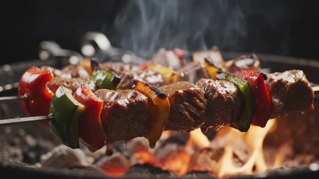 Grilled meat skewers with bell peppers for appetizing food commercials and menu design