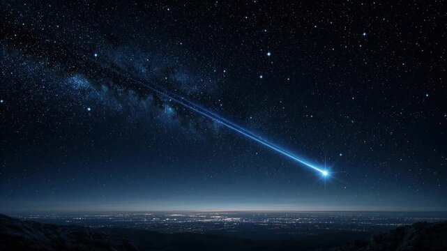 Shooting star event over a serene landscape at night celestial phenomenon infinite horizon tranquil atmosphere
