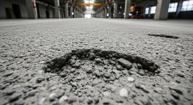 Detailed Close-Up of Cracked Concrete Surface with Visible Aggregate in Industrial Building