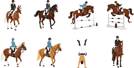 Obraz premium Equestrian Sport Illustration Set with Horse Riding, Show Jumping, Riders, and Training Poses for Competition, Olympic Sports, and Equestrian Design Concepts