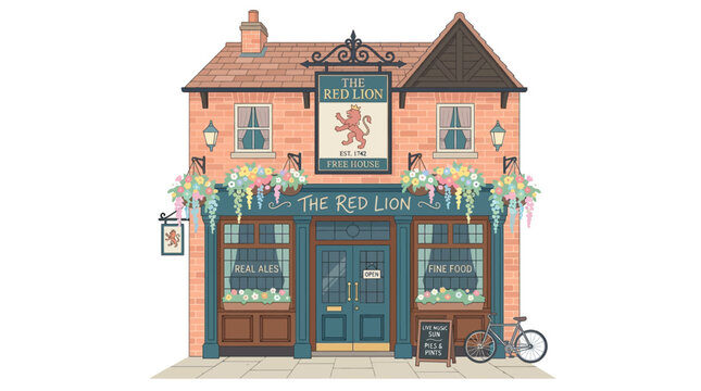 Illustration of a traditional British pub exterior called The Red Lion.