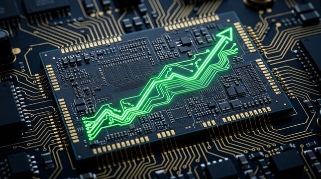 Glowing green financial growth arrow on computer microchip, futuristic technology circuit board for stock market success, digital hardware processor