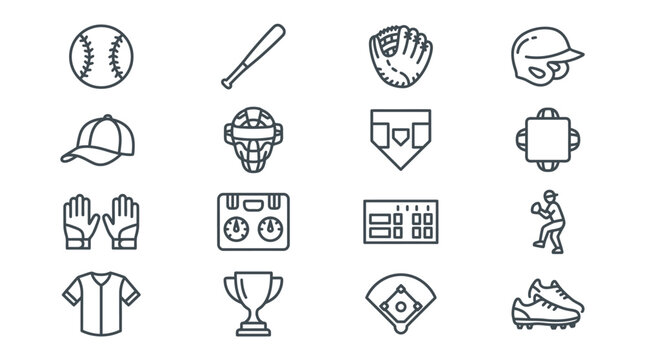 Set of baseball icons including ball bat glove helmet and field equipment.