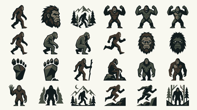 Set of Bigfoot and Yeti creature illustrations in various poses.