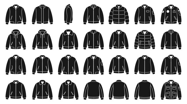Set of black bomber jacket icons for fashion design.
