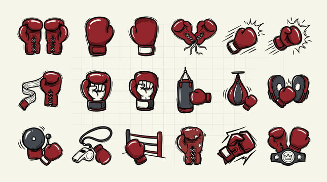 Set of boxing equipment icons and hand drawn doodle illustrations.