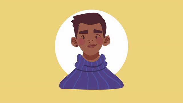 Flat vector animation of young black man smiling against yellow background in dynamic motion clip.