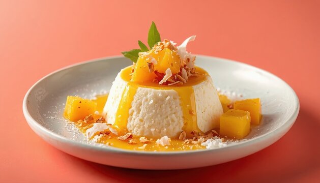 Creamy panna cotta dessert with mango and nuts whipped cream frozen dessert confectionery delicious refreshing appetizer patisserie background breakfast celebration sweetness gastronomy
