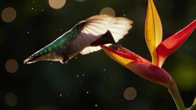 Hummingbird Hovering and Drinking Nectar from Heliconia Flower