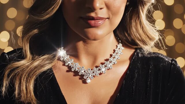Woman wearing sparkling diamond necklace symbolizing conceptual art and dynamic energy