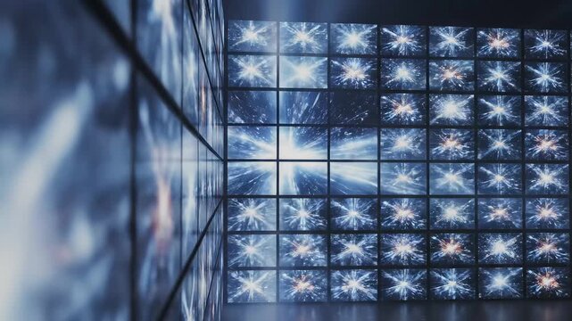 Wall of screens displaying fireworks highlighting artificial intelligence and digital evolution
