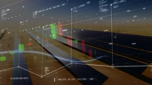 Solar Panels Background with Financial Stock Market Graph Overlaid Green Energy Investment and Trading Concept.