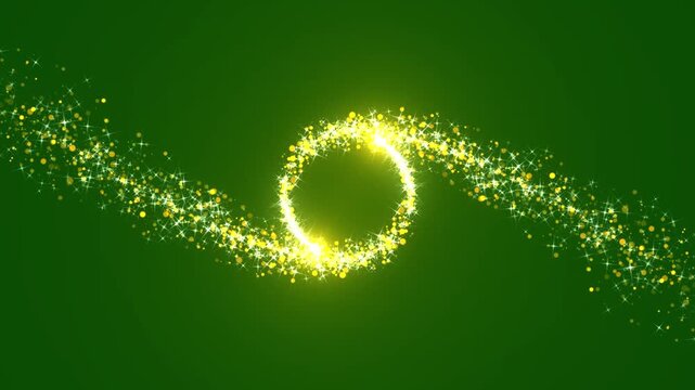 Glowing golden particles, gold glittering star dust trail sparkling particles green background. shining magic light, sparkle light ring circle, fairy tail glitter particles sparkling. 4K