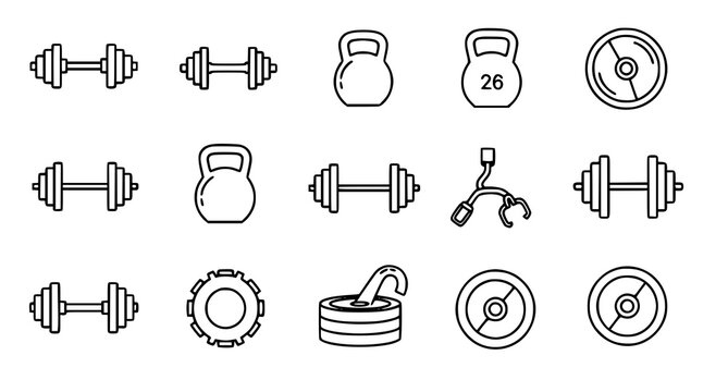 Fitness gym weightlifting icons dumbbells kettlebells plates