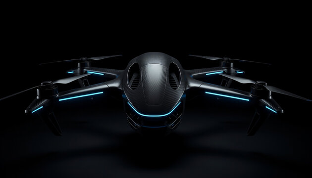 High-tech black aerodynamic drone with blue LED lights on dark background