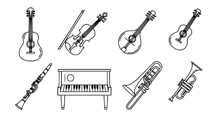 Musical instruments collection line art illustration featuring guitar violin piano and brass instruments © Morjina
