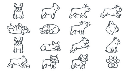 Fototapeta premium Set of Cute French Bulldog Line Art Icons.