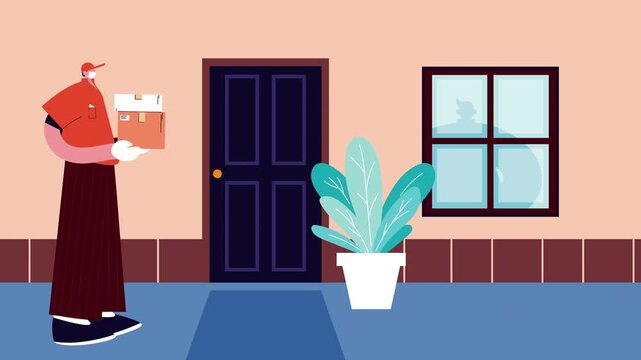 Delivery man with packages arrives at door during daylight with potted plant outside.