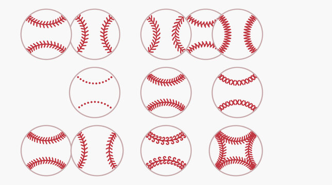 Set of isolated baseballs with red stitching from various angles.