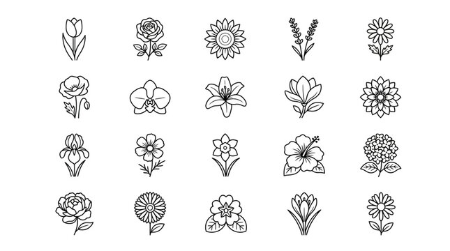 Set of line art floral icons and flower silhouettes.