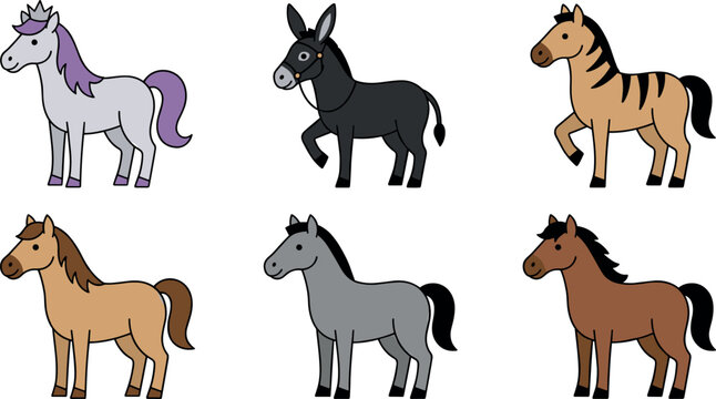 Cute Cartoon Horse Collection with Unicorn, Donkey, Zebra, and Farm Horses for Kids and Animal Design Concepts