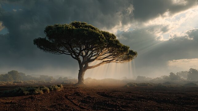 Italian Stone Pine - Cinematic Sunrise Landscape in Morning Mist Scenery