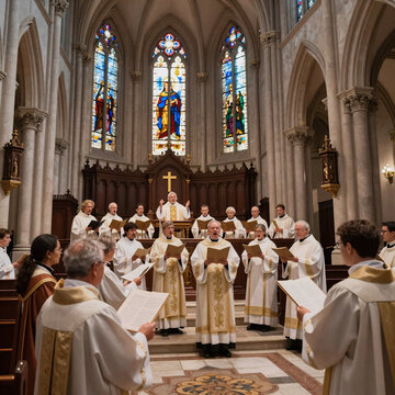 3D Game Choir Historical. Interior Of A Catholic-Lutheran Cathedral With Choir Singing In Background