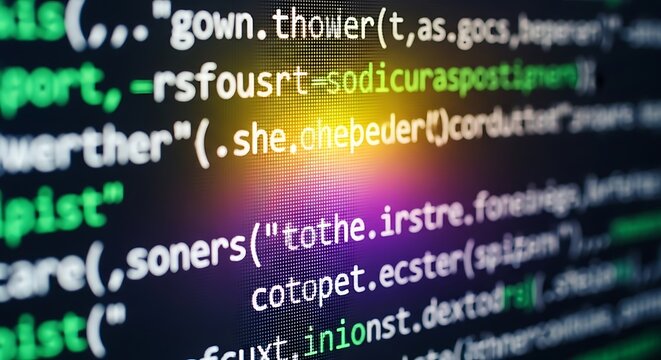Computer screen showing colorful lines of software programming code with a glowing light effect in the center of the dark monitor