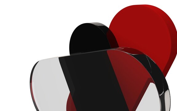 Abstract 3D rendering of interlocking glossy black, red, and white curved geometric shapes on white background