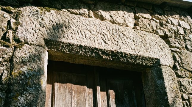Rough hewn stone lintel above an aged wooden doorway, showcasing ancient architectural detail and weathered texture.