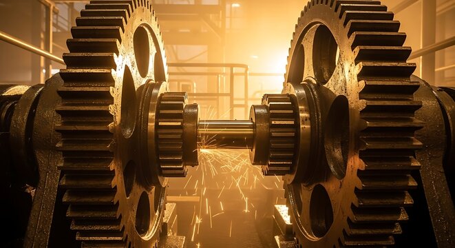 Large metal gears rotating together in a dark industrial factory setting with bright warm golden light illuminating the mechanical machine parts